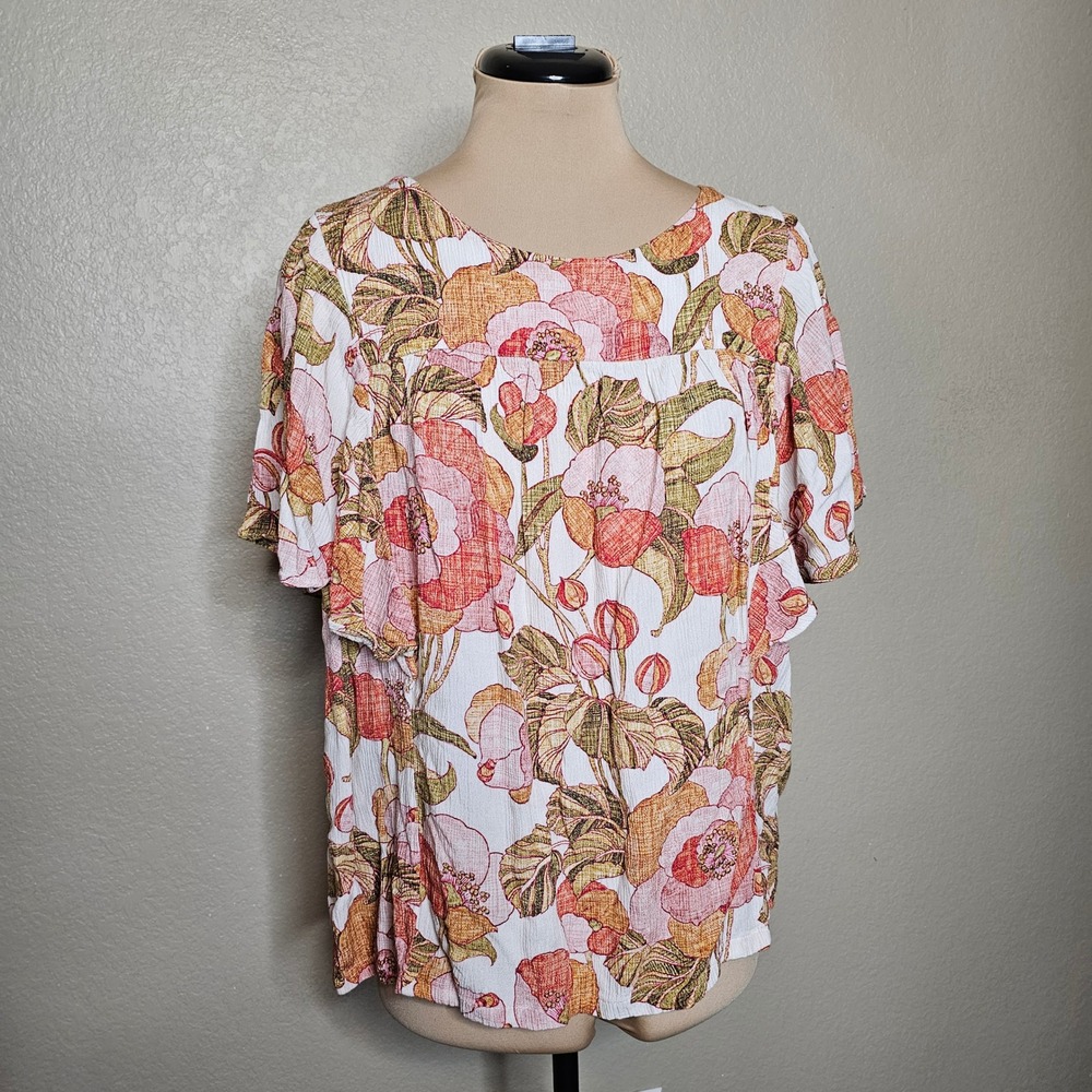 Garnet Hill Womens Floral Viscose Blouse Orange Pink Flutter Sleeve Top Large
